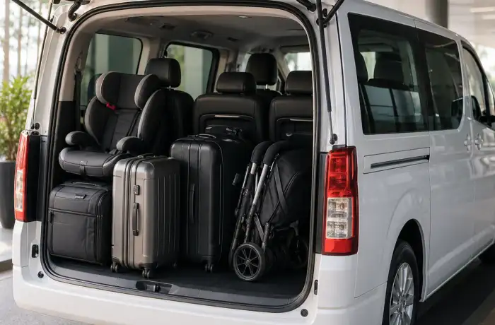 11-seater maxi taxi interior with family seating and baby seat